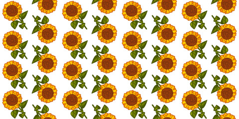 Bright yellow sunflowers with green leaves arranged as a seamless floral decorative pattern in cartoon flat style on a white background.