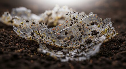 Close-up of biodegradable plastic decomposing in soil