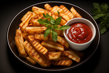 Crispy crinkle-cut fries served with red ketchup in black bowl garnished with parsley on dark wooden restaurant surface