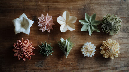 Fototapeta premium A flat lay of different types of folded paper flowers on a wooden surface