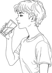 A line art drawing of a person drinking water from a glass with a short hairstyle and a t shirt on