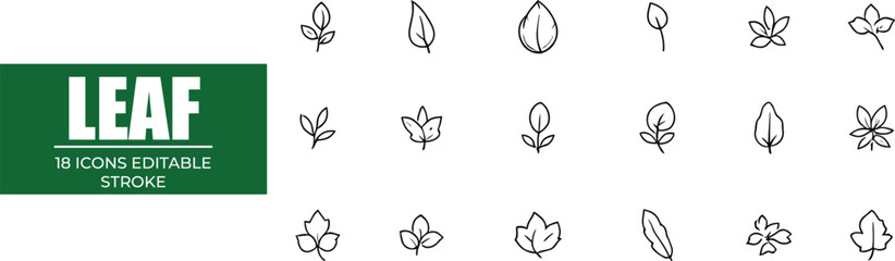 A collection of eighteen leaf icons in black outline with varying shapes and sizes on a white background