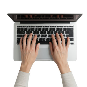 Two slender female hands, mid-20s, light skin, manicured nails, typing on a sleek metallic laptop keyboard on a solid transparent background with soft studio lighting, concept of productivity and