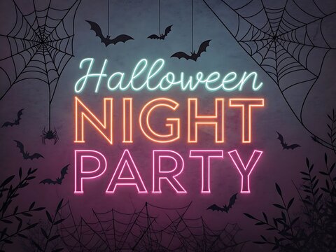 A vibrant neon sign announces a halloween night party, complete with bats and spiderwebs for a spooky celebration