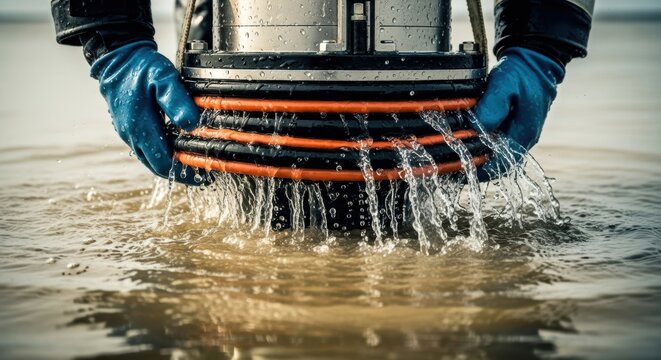 Hands holding submersible pump above water surface with blue gloves