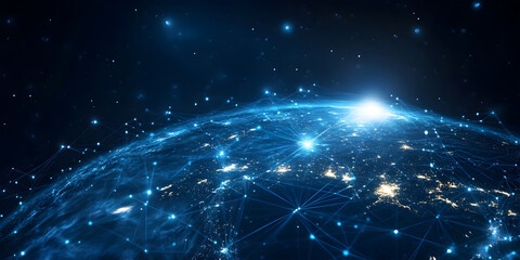 Glowing blue network lines connect Earth at night globe
