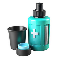 Bright turquoise blue antiseptic bottle with white cross and black cup and cap on black