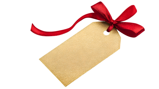 Gold gift tag with red ribbon isolated on a transparent background