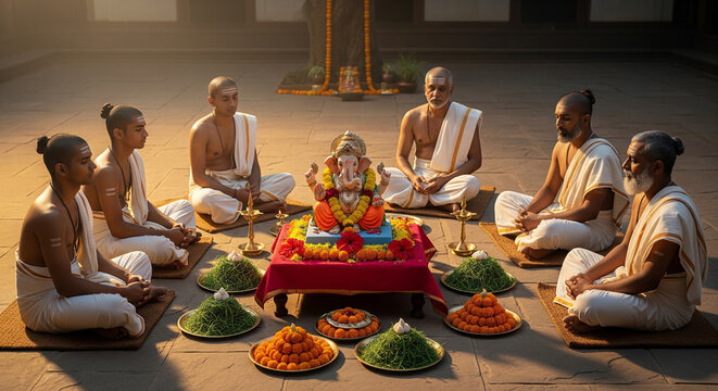 Ganesh Chaturthi festival in a Gurukul setting, students and gurus performing traditional Vedic chants around Ganapati Bappa, embodying ancient Indian wisdom and devotion.