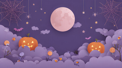 Fototapeta premium Halloween with pumpkins, bats, full moon and spider web trick and treat party banner background