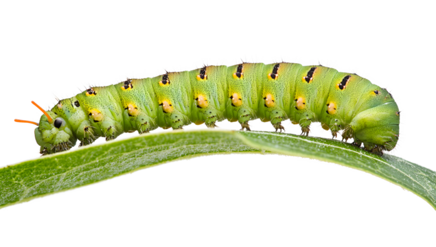 Green caterpillar on a leaf isolated on a transparent background