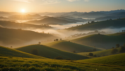 Sunrise over rolling green hills with low lying fog creating a dreamy and peaceful landscape view