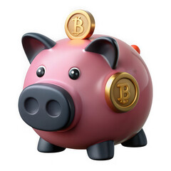Charming pink ceramic piggy bank with gold bitcoin coins for digital currency savings