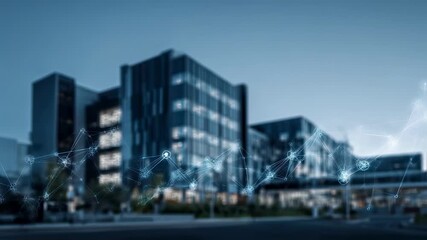 Clear medium view of a dynamic ascending stock index overlay on interconnected hospital structures illustrating longterm profitability in medical facility networks. - Powered by Adobe