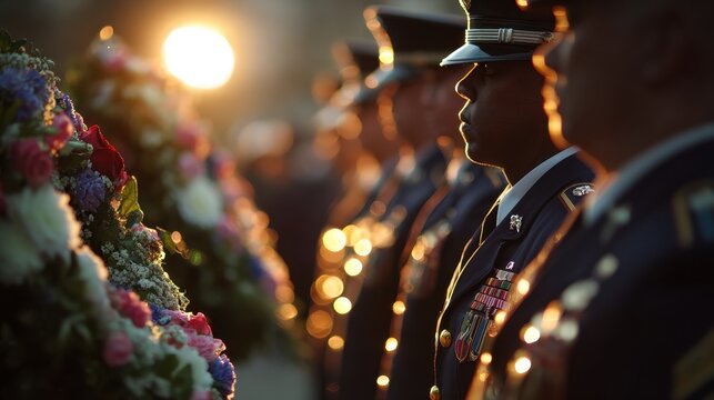 Soldiers stand in formation, honoring fallen comrades with floral tributes as the sun sets