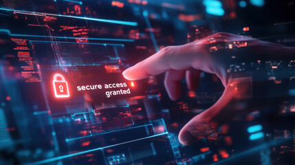 Finger touching a secure access granted screen with a padlock icon in a futuristic interface