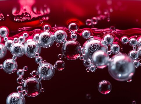 Fizzing Red Liquid: A vibrant macro shot capturing the mesmerizing dance of effervescent bubbles suspended in a rich, red liquid. Experience the intricate details of the chemistry.