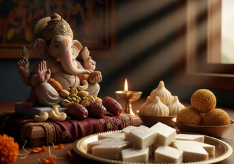 Ganapati Bappa Idol Adorned with Premium Dry Fruits, Kaju Katli, Modak, and Traditional Indian Gourmet Sweets for Ganesh Chaturthi Celebration.