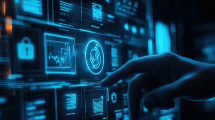 A hand interacting with a glowing blue futuristic interface with various data displays and icons