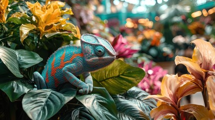 Vibrant Chameleon Amidst Lush Tropical Foliage