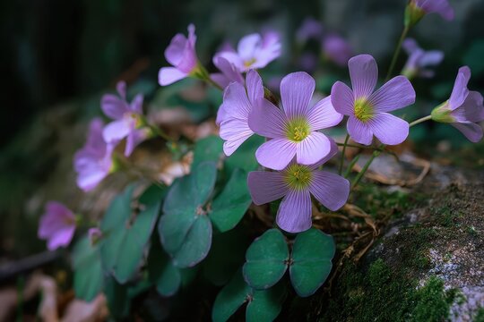 Pink wood sorrel Oxalis articulata a fragile forest plant flourishes in damp shaded areas and blankets the ground with vibrant color in spring