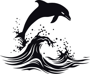 Silhouette of a dolphin leaping over a stylized wave with water droplets on a white background