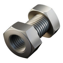 Close-up isometric view of silver hexagonal nut and bolt fastener ready for assembly