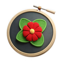 Overhead close-up of red flower punch needle embroidery hoop art