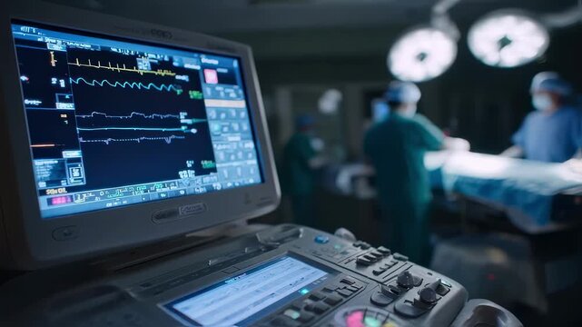 Medium shot showing closeup of ultrasound cart controls during peripheral nerve ablation procedure with the main device and operators focused action crisply in view against a dimly
