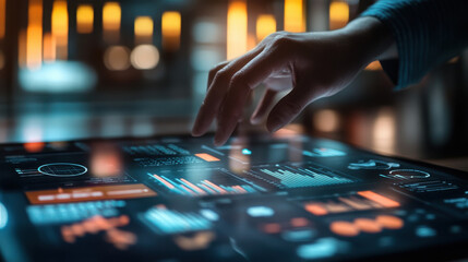 Hand interacting with a digital interface displaying data charts and graphs on a futuristic screen