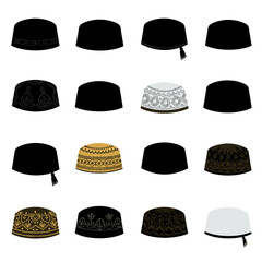 Set of traditional Muslim prayer caps in different styles and colors isolated on plain background.
