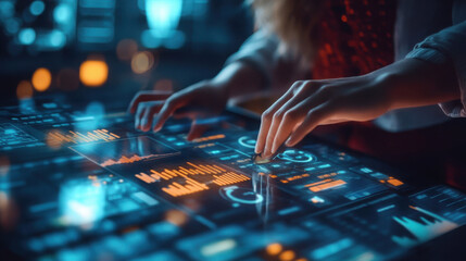 Hands interacting with futuristic holographic interface displaying data and information