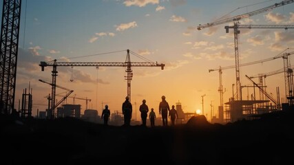 A construction site at sunrise with silhouettes of workers wearing hard. 4k video - Powered by Adobe