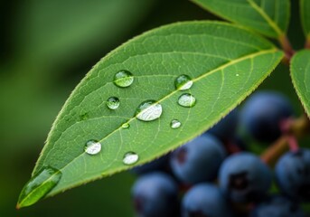 Close-up of a vibrant green leaf covered in glistening dewdrops with blurred dark berries in the background illustration