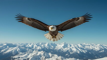 Obraz premium Close up eagle in flight above snow covered mountain wilderness