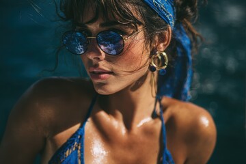 Image of young woman in bikini with blue shawl