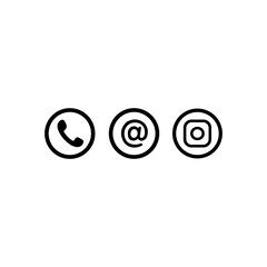 Three minimalist circular icons represent phone, email, and camera or social media, presented on a white background.