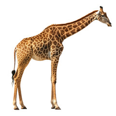 Naklejka premium Majestic african giraffe standing in profile against a pure black background