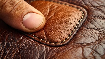 Close-up of Brown Leather Texture, Hand Touching Rich Grain, Detailed Stitching
