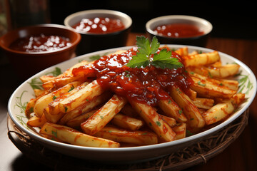 Spicy French fries topped with hot sauce and herbs, served in bowl with dipping sauces in warm rustic food setting