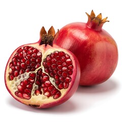Fresh Pomegranates on White Background One Cut Open Showing Arils Bright Red and Juicy Seeds Whole Fruit Beside It