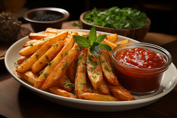 Golden potato wedges with ketchup and mint garnish served on white dish with background dips and rustic dinner setting