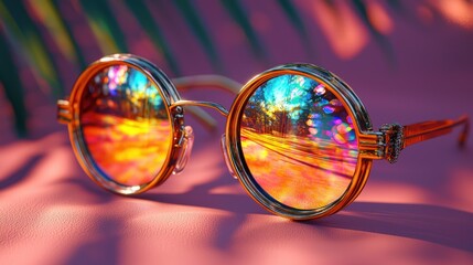 Summer Vibes: Retro Round Sunglasses Reflecting a Tropical Road