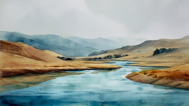 Serene watercolor landscape painting of a winding river through rolling hills under a cloudy sky - Powered by Adobe