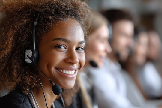 Joyful African American woman at a diverse call center