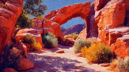 Sunlit desert trail winds through vivid red rock formations and lush greenery
