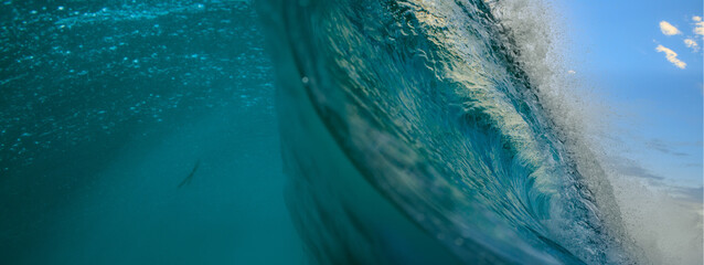 Inside curling ocean wave with sunlight reflections
Close-up view inside a curling ocean wave with golden sunlight illuminating the translucent turquoise water, creating a vivid and dynamic seascape
