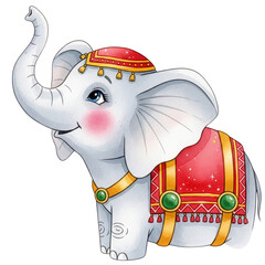 Obraz premium A watercolor drawing of a cute elephant with a cheerful expression.