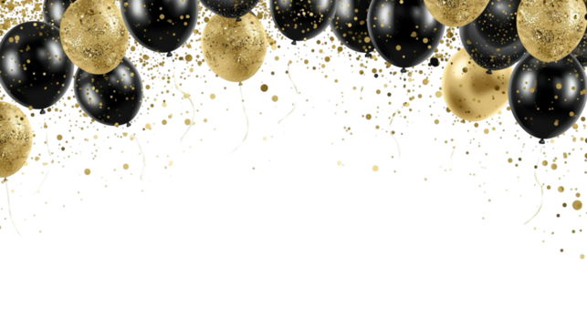 Elegant Realistic Golden and Black Balloon with Glitter Confetti Background Image
