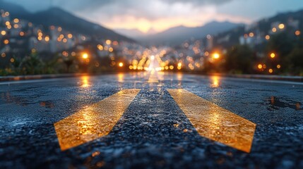 Night City Road, Wet Asphalt, Blurry Lights, Journey Ahead